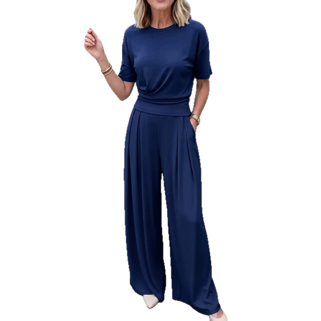 Women's Elegant 2-Piece Summer Set - Wide Leg Pants & Crew Neck Top