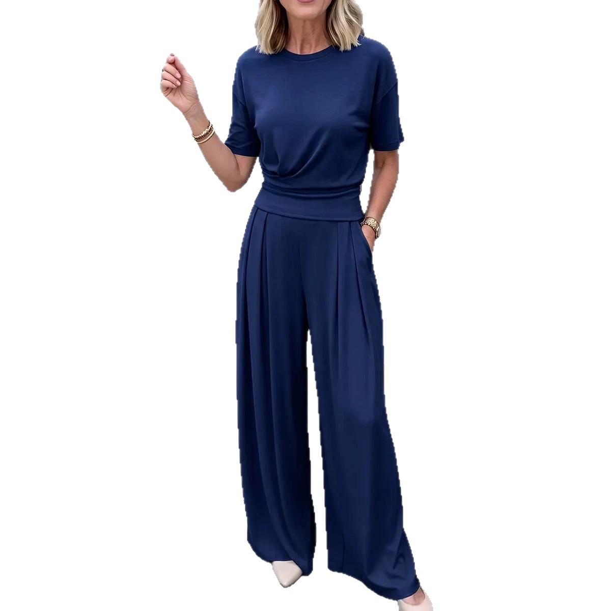 Women's Elegant 2-Piece Summer Set - Wide Leg Pants & Crew Neck Top