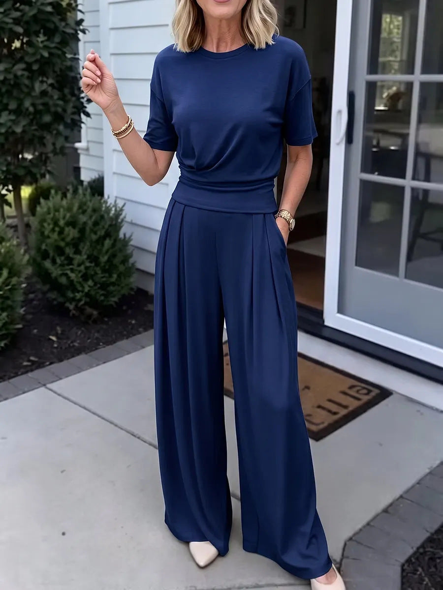Women's Elegant 2-Piece Summer Set - Wide Leg Pants & Crew Neck Top