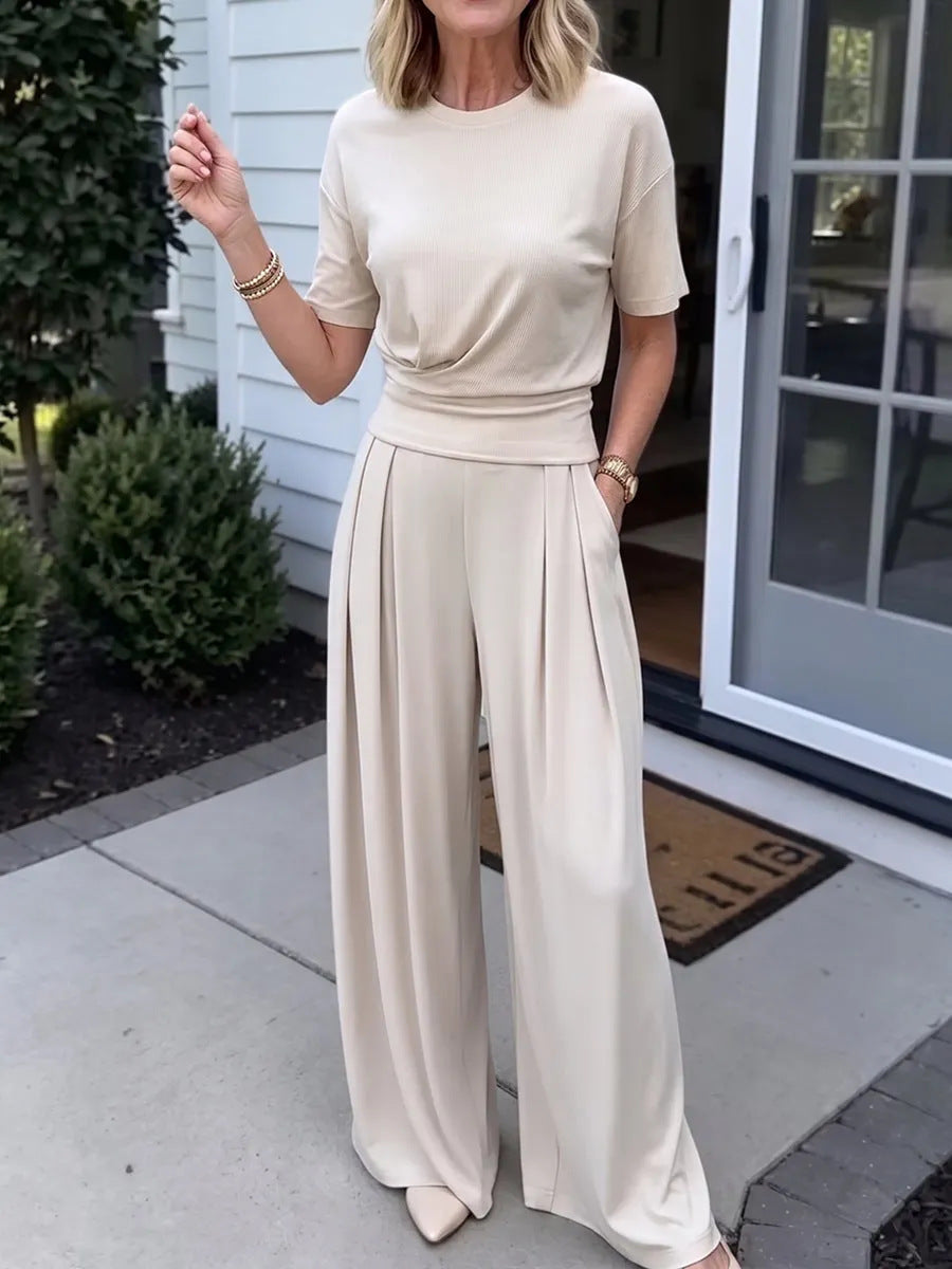 Women's Elegant 2-Piece Summer Set - Wide Leg Pants & Crew Neck Top