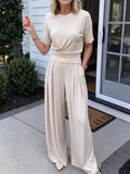 Women's Elegant 2-Piece Summer Set - Wide Leg Pants & Crew Neck Top