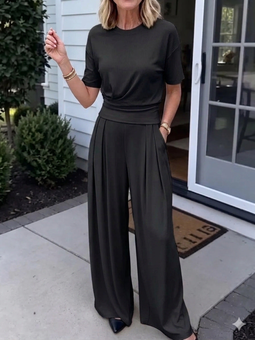 Women's Elegant 2-Piece Summer Set - Wide Leg Pants & Crew Neck Top