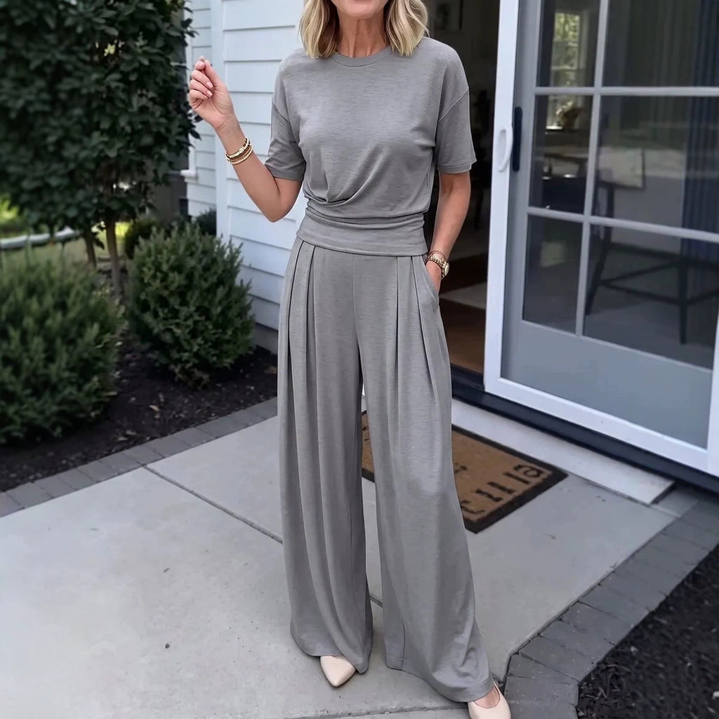 Women's Elegant 2-Piece Summer Set - Wide Leg Pants & Crew Neck Top
