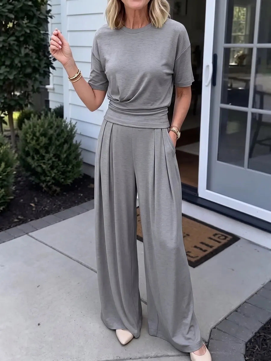 Women's Elegant 2-Piece Summer Set - Wide Leg Pants & Crew Neck Top