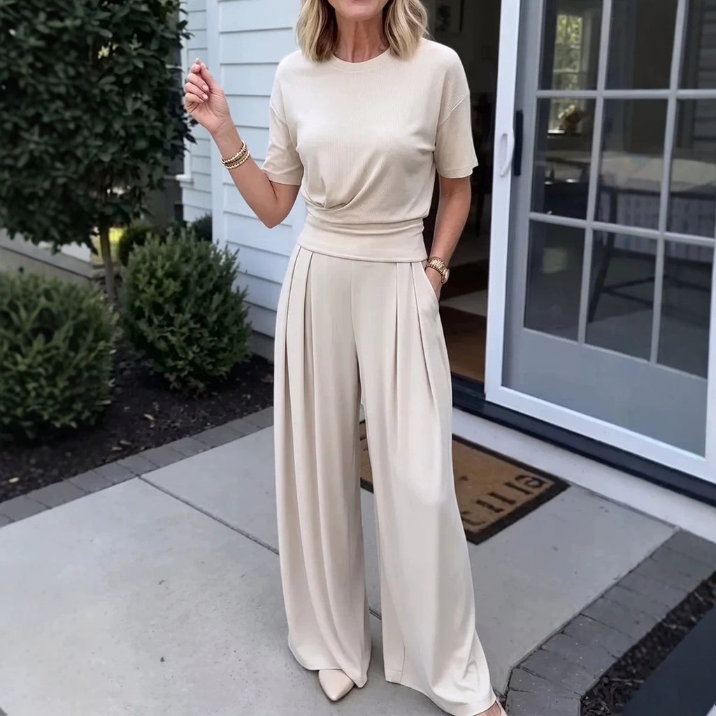Women's Elegant 2-Piece Summer Set - Wide Leg Pants & Crew Neck Top