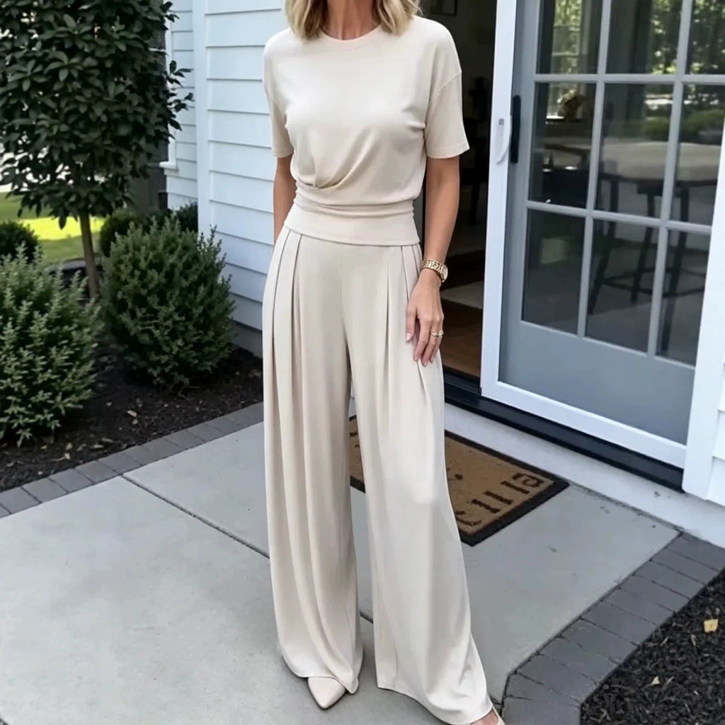 Women's Elegant 2-Piece Summer Set - Wide Leg Pants & Crew Neck Top